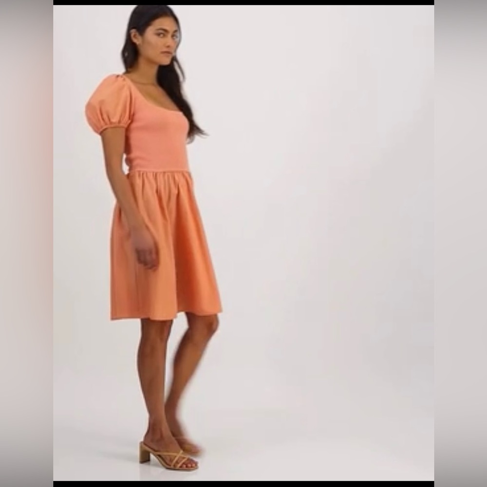 NWT salmon puff-sleeve mixed media dress - Picture 2 of 8